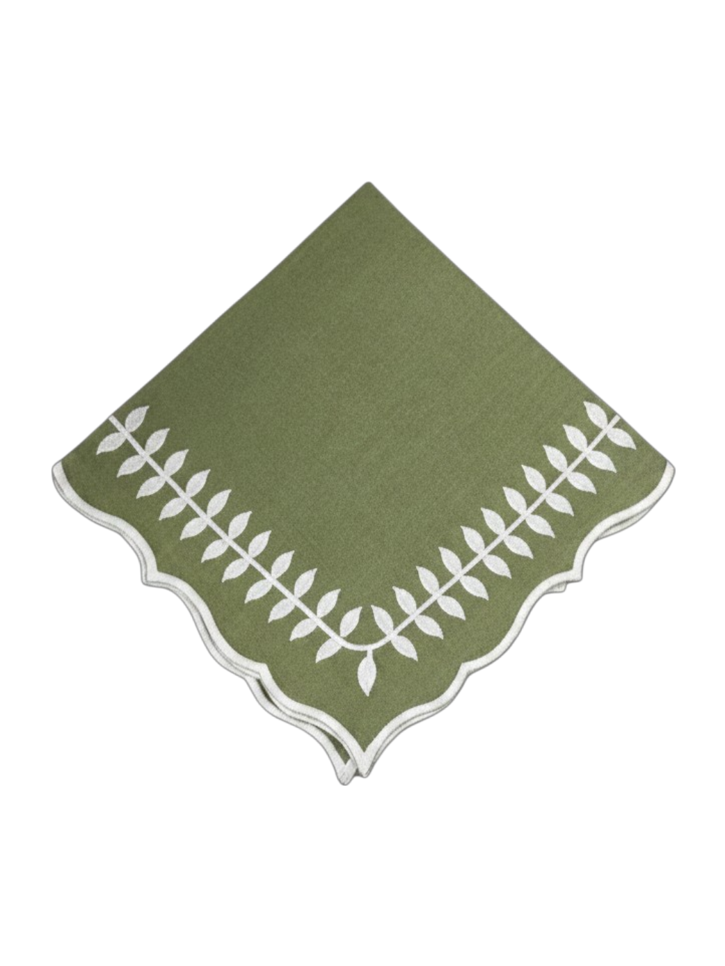 Green napkin with white leaf pattern on a white background