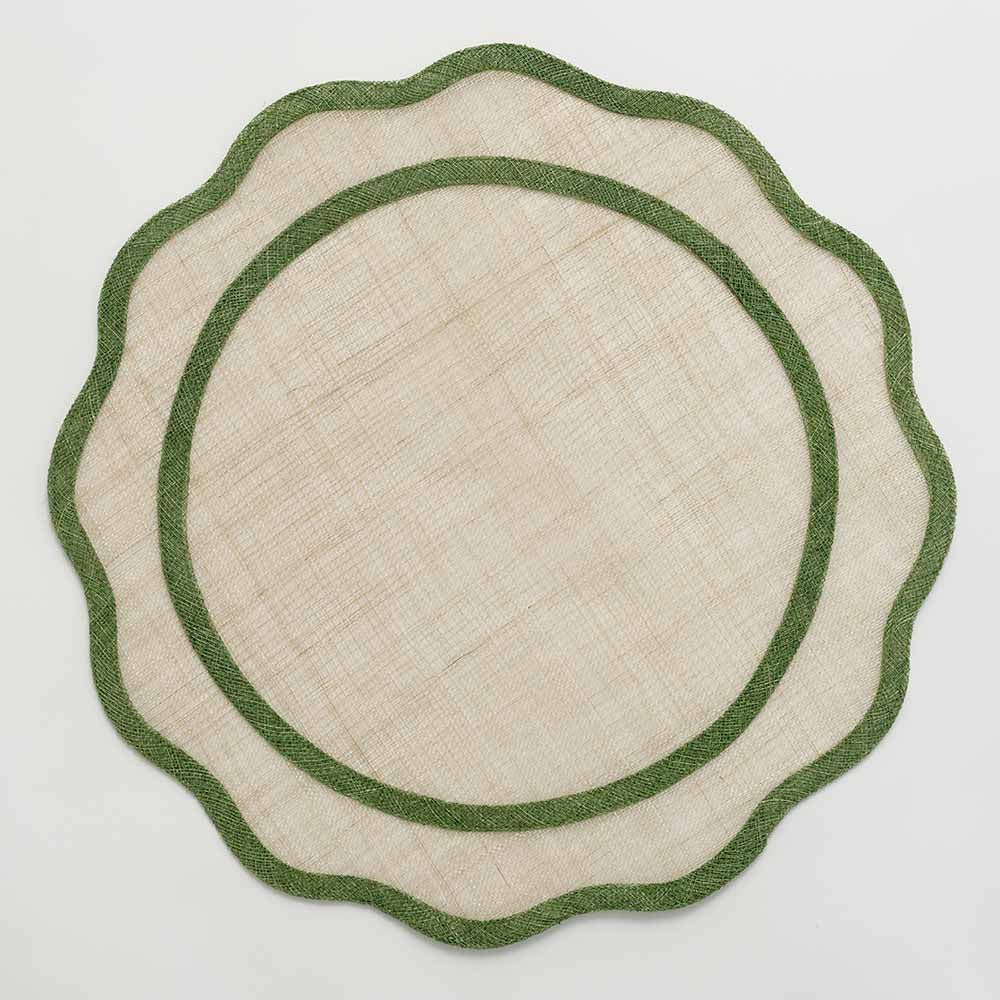 Two round placemats with green edges on a white background