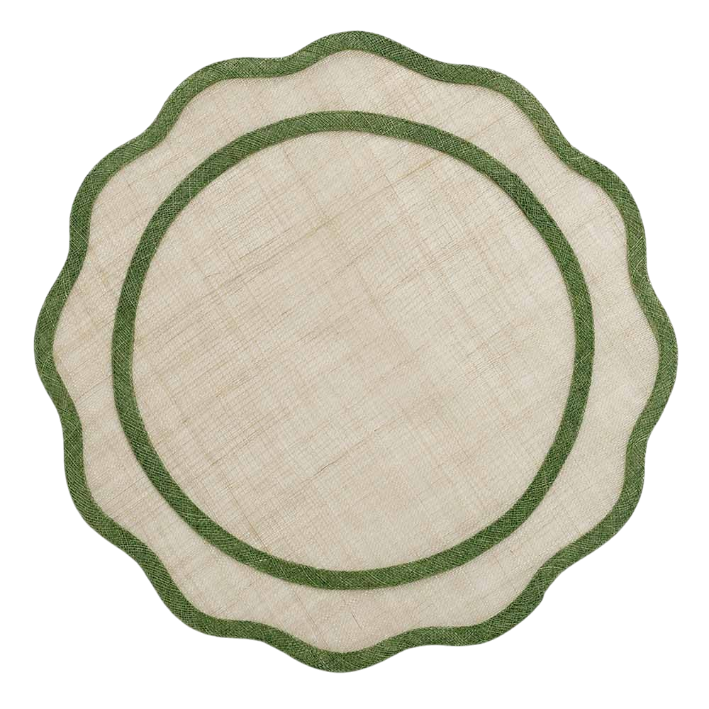 A round woven placemat with a scalloped edge, featuring a natural beige linen-textured center and a contrasting olive green inner and outer border.