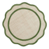 A round woven placemat with a scalloped edge, featuring a natural beige linen-textured center and a contrasting olive green inner and outer border.