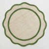 Two round placemats with green edges on a white background