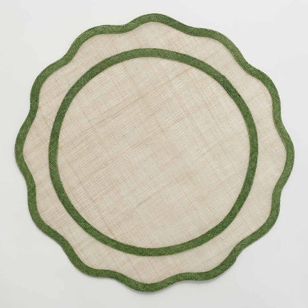Two round placemats with green edges on a white background