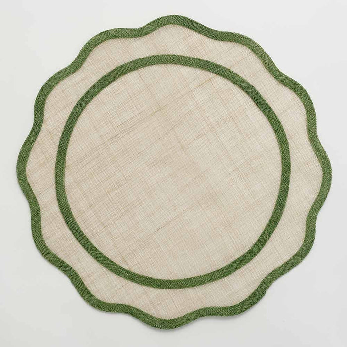 Two round placemats with green edges on a white background