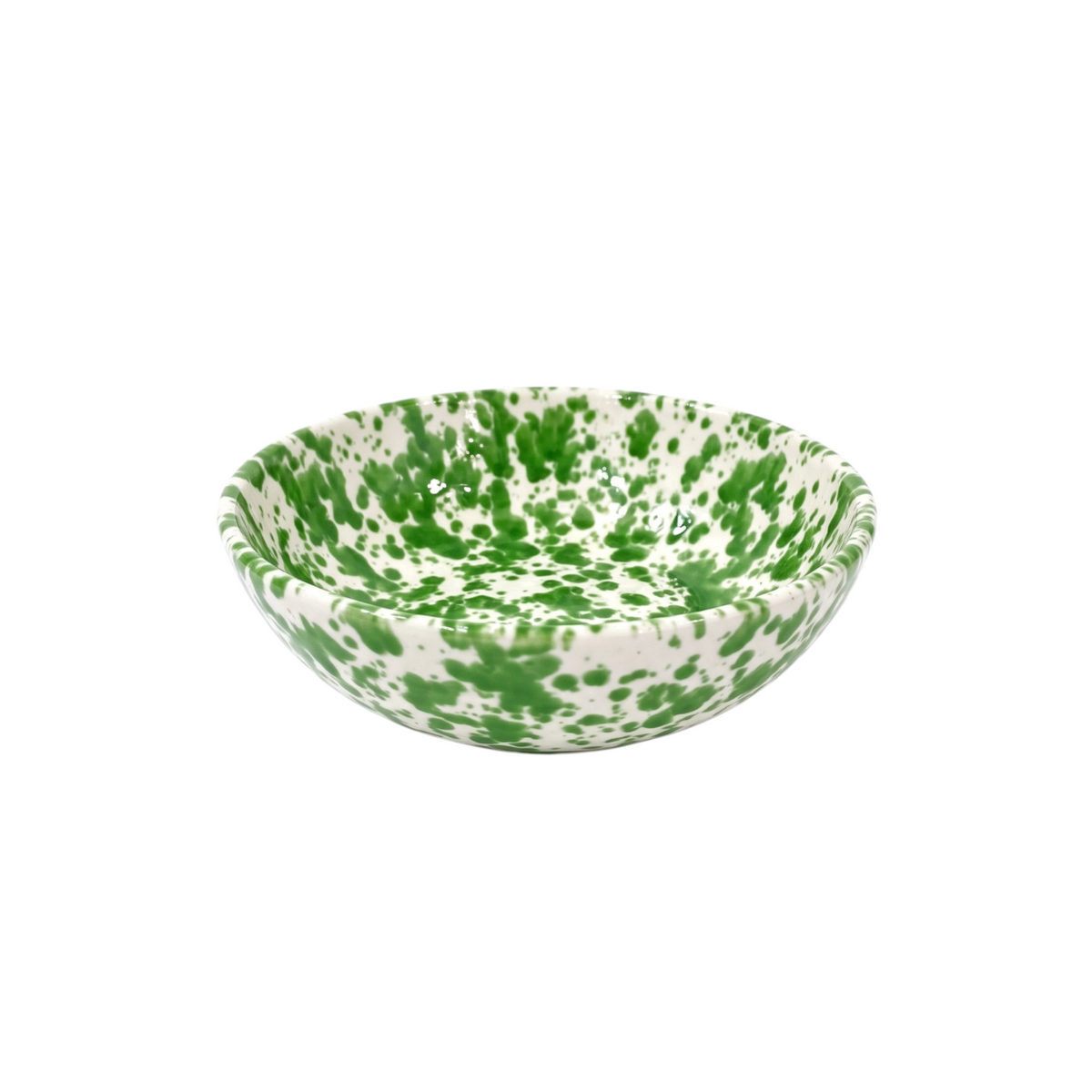 Homeport Italian handmade ceramic serving bowl with a green splatter pattern and a textured rim on a white background.