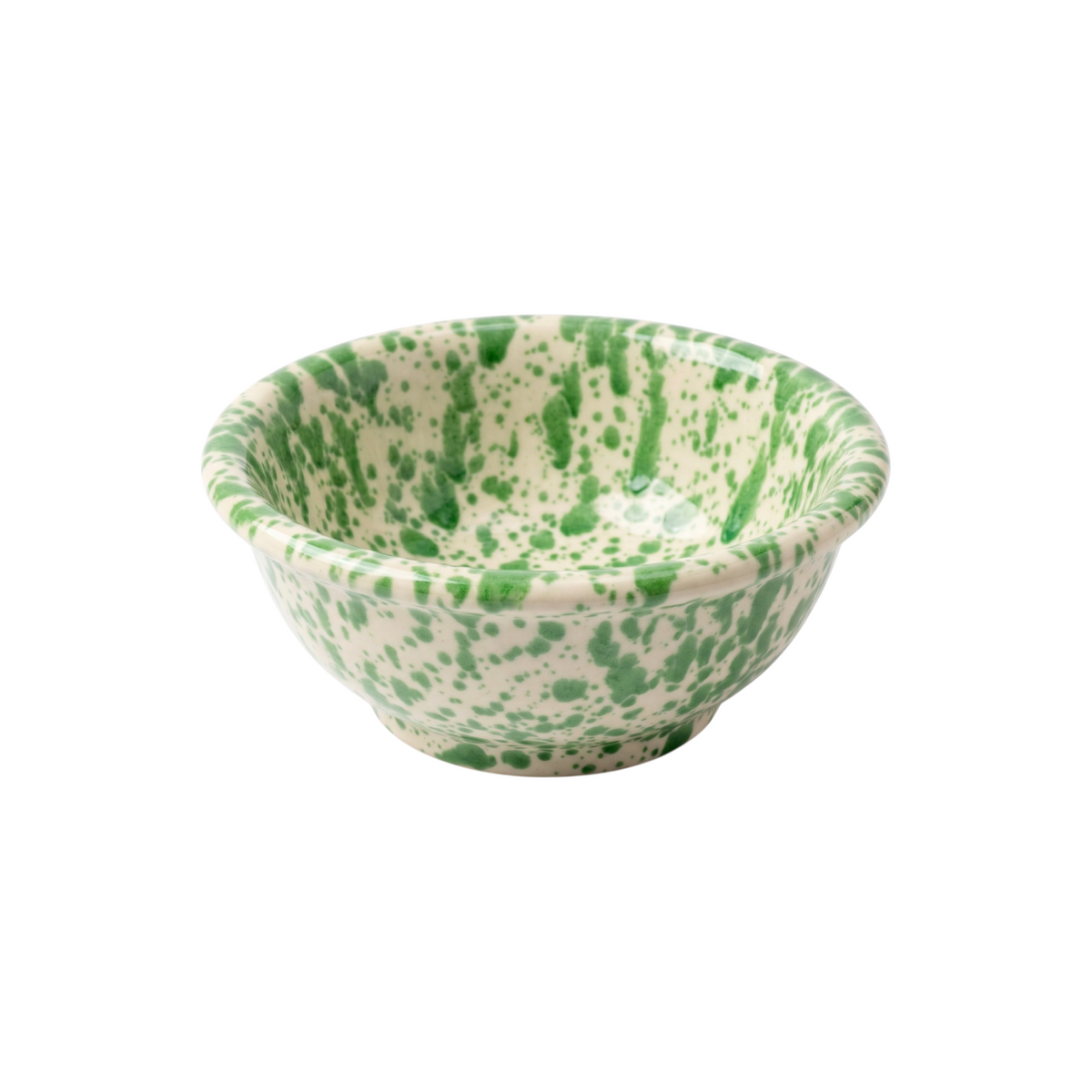 Homeport hand-thrown ceramic serving bowl with green splatter pattern and a classic rolled edge rim.