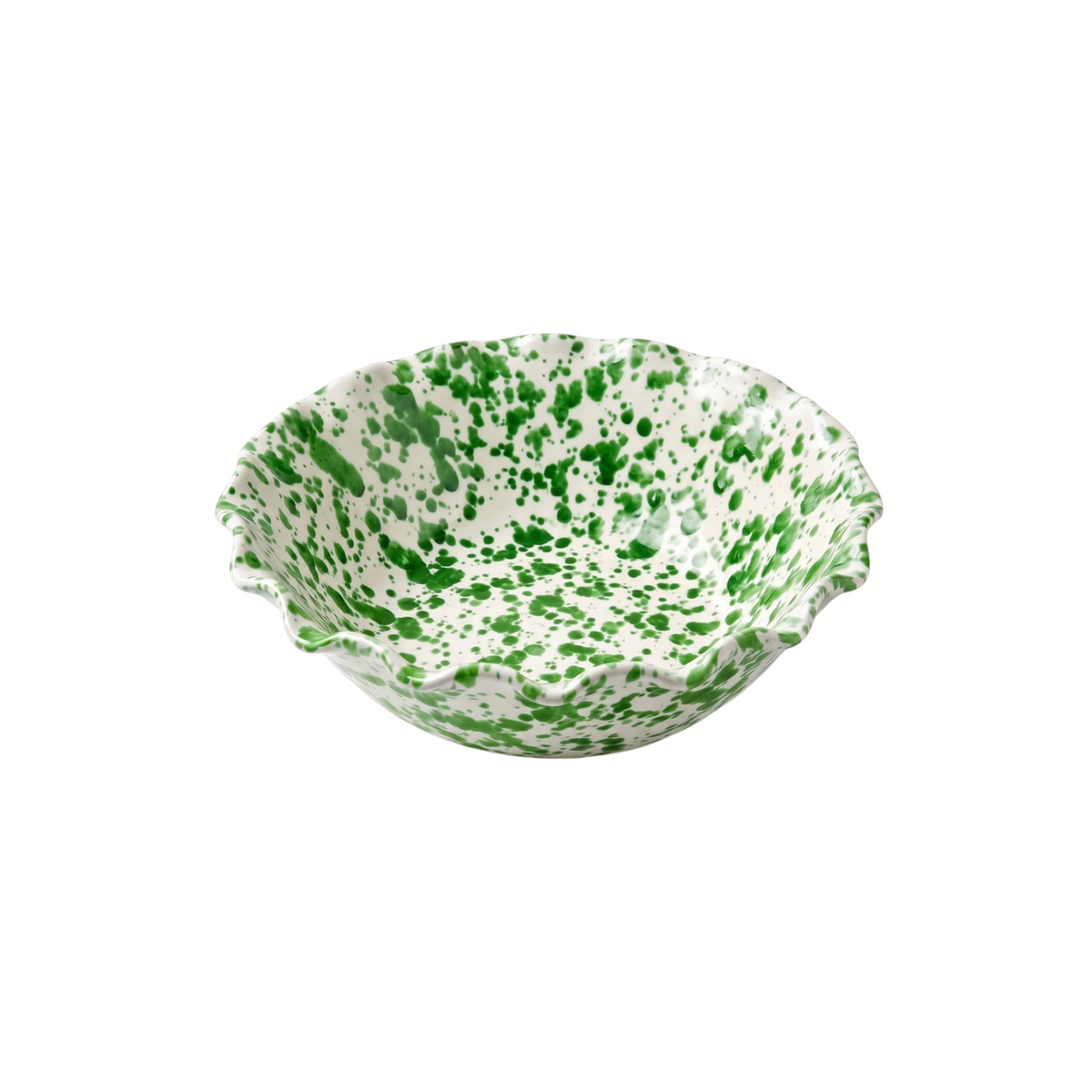 Homeport Italian handmade ceramic serving bowl with a green splatter glaze and a decorative wavy rim.
