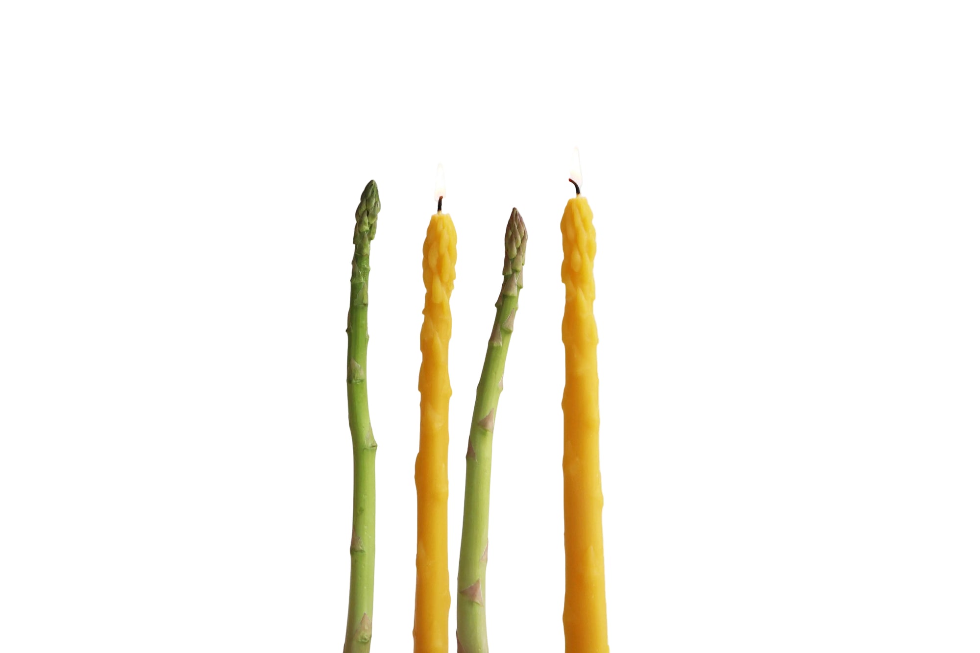 Three asparagus stalks with yellow and green spears on a white background