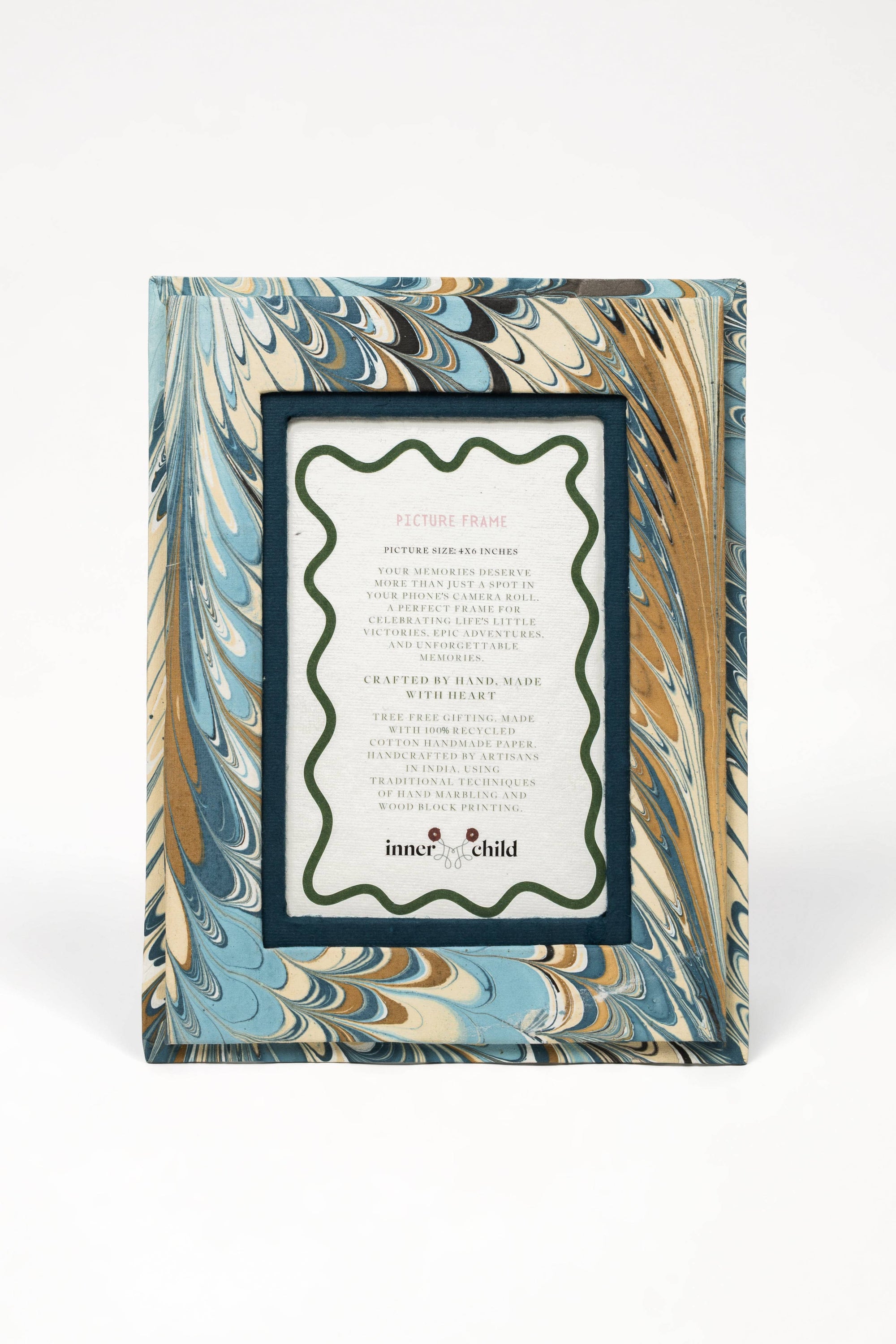 Hand Marbled with Nila feathers 4x6 picture frame on white background 