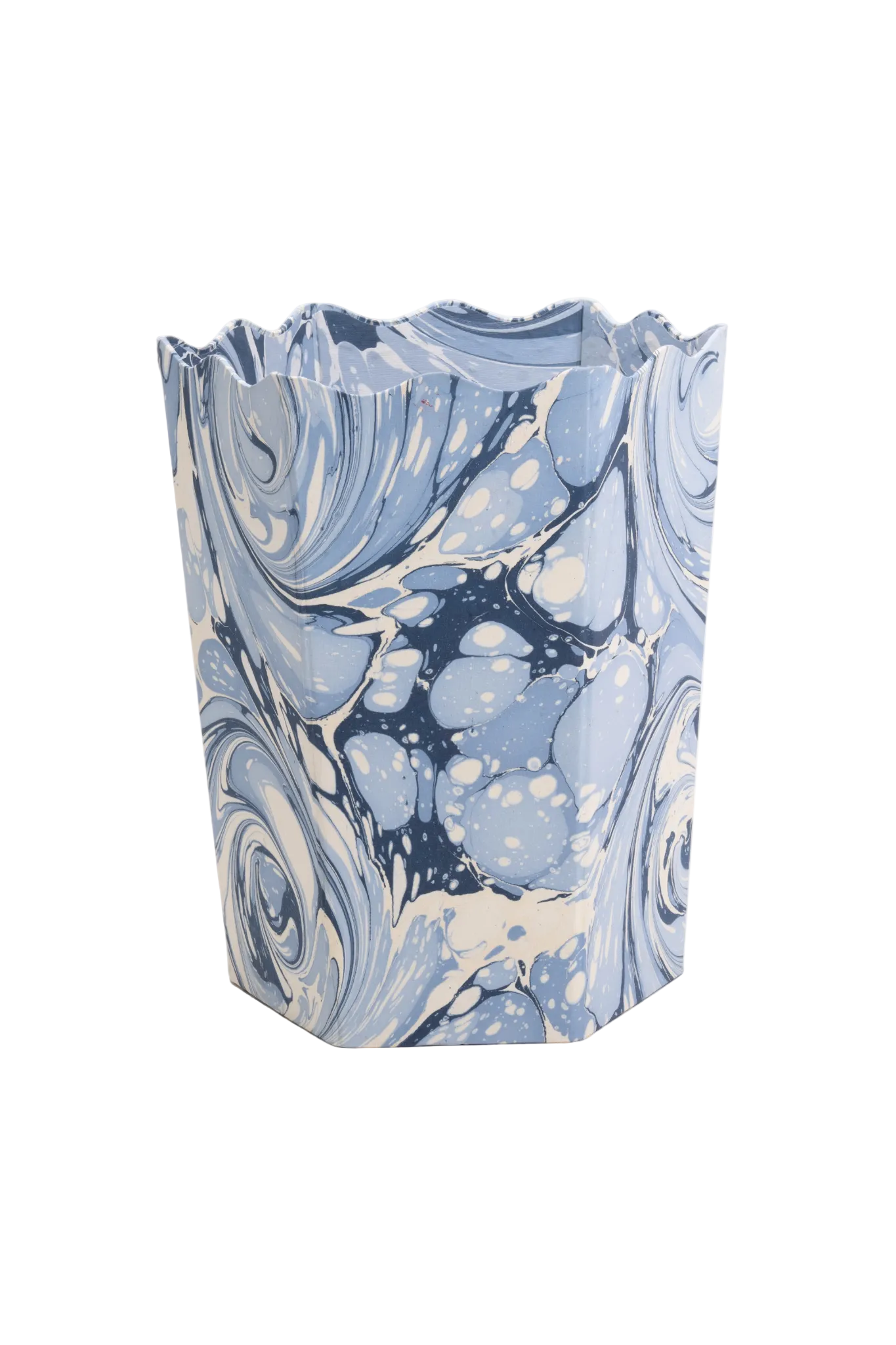 Blue and white hand marbled wastebasket with scalloped edge on white background 
