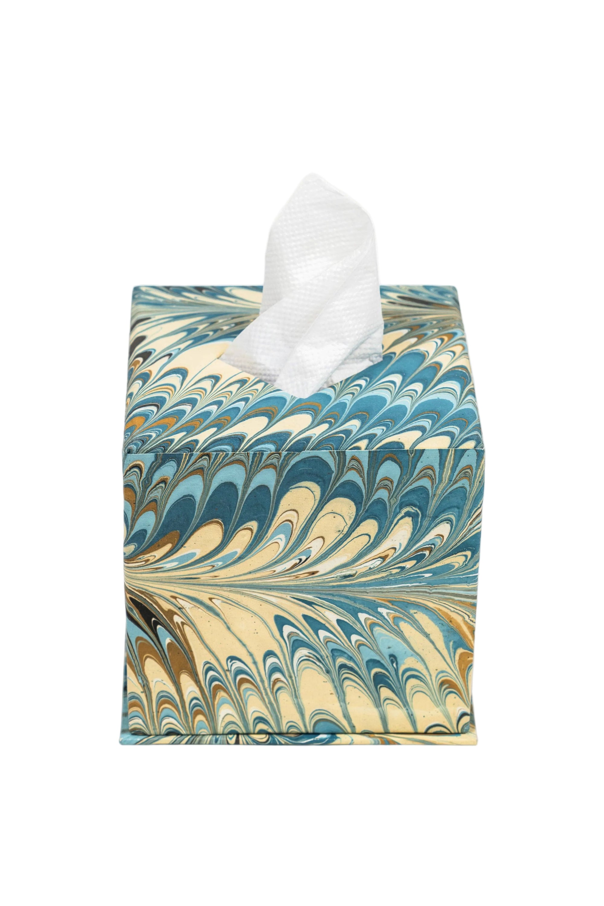 Hand-Marbled Tissue Box Cover in Nila Feathers
