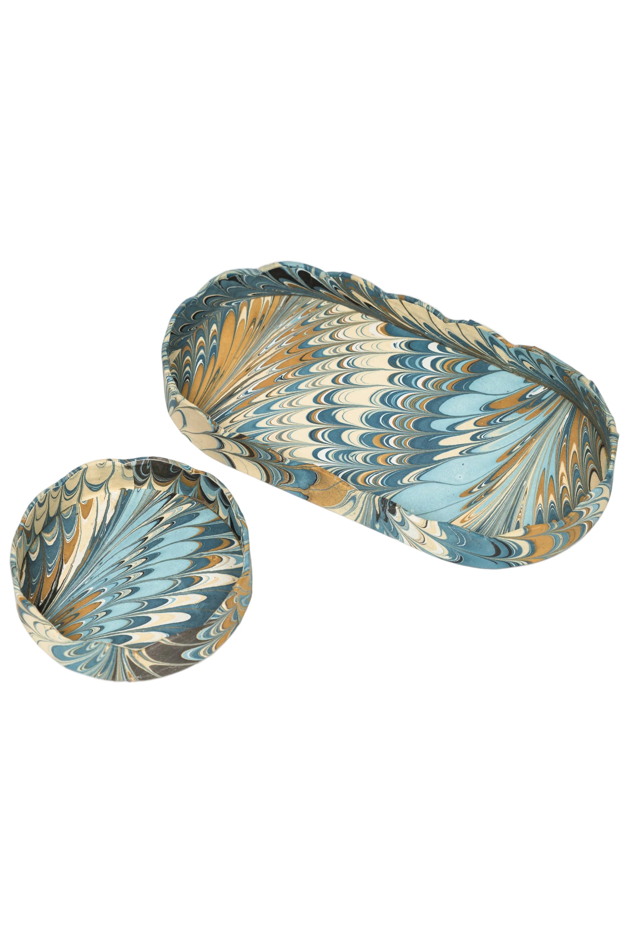 Scalloped Hand-Marbled Oval Desk Tray Set in Nila Feathers