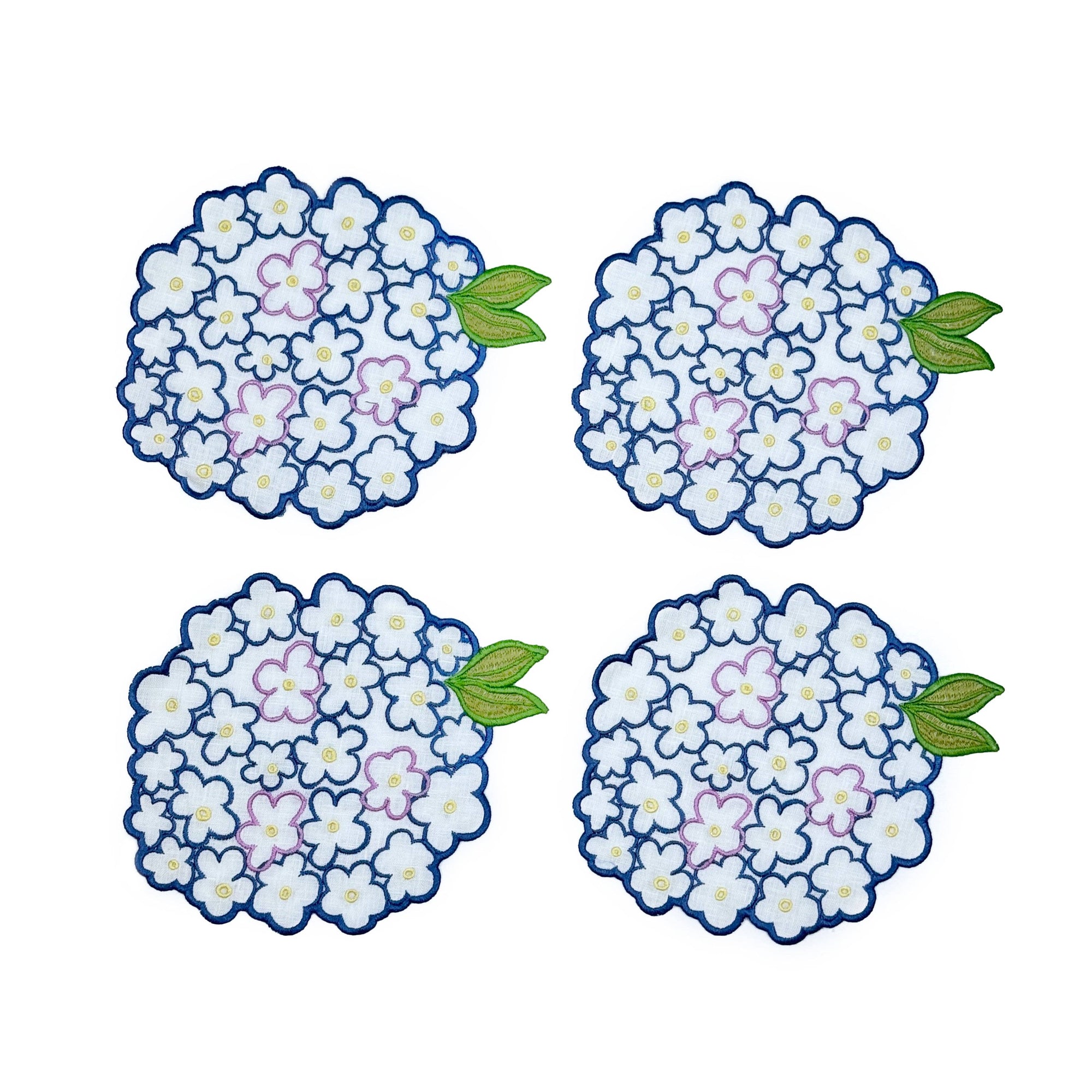 Set of 4 hydrangea shape cocktail napkins with green stem on white background 