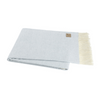 Light blue woven blanket with white fringe on a white background