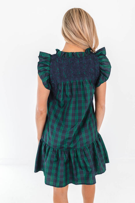 The Joyce Ruffle Neck Dress - Green Plaid