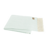 Light green blanket with white trim on a white background