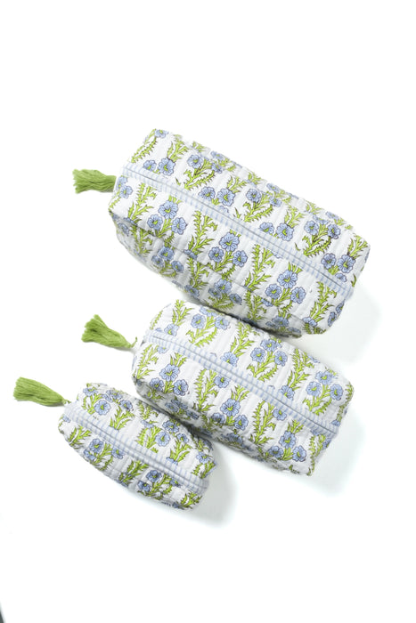Forget-Me-Not Blockprint Makeup Bags - Set of 3