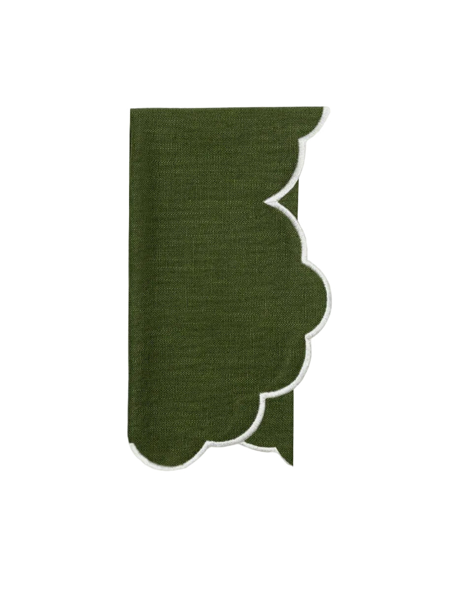Green scalloped-edged fabric strip on white background