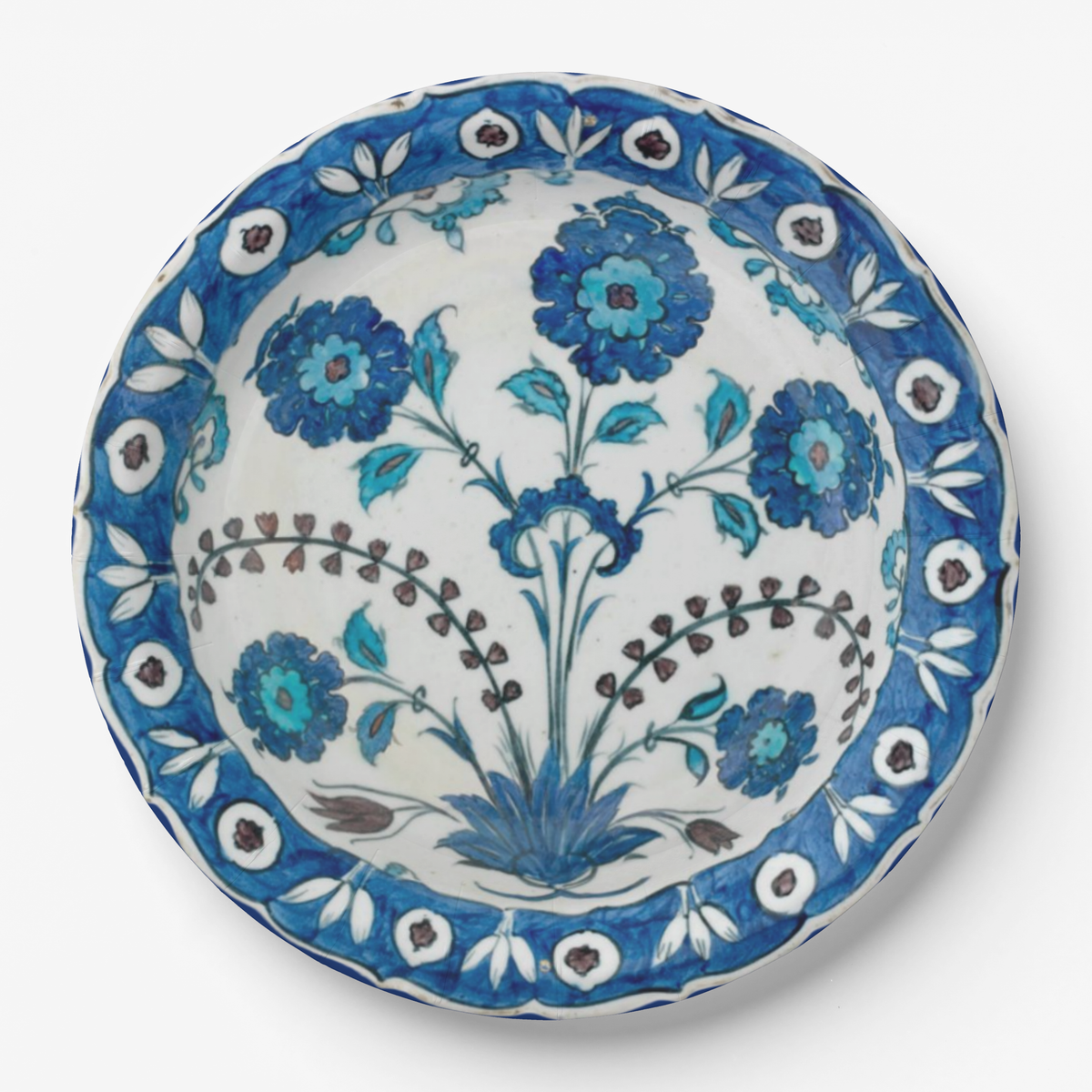 Paper party plate in Iznik Floral of blues and white on white background 