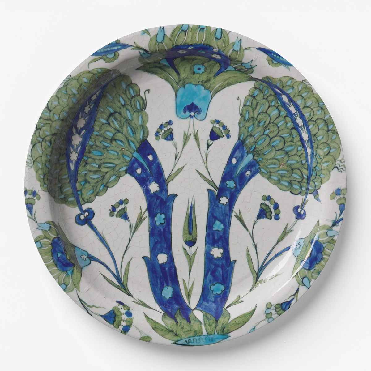 Disposable plate in Iznik Garden floral with green and blue detail on white background 