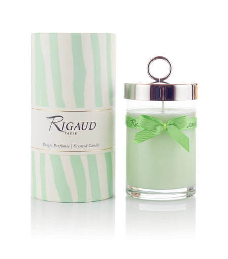 Rigaud Paris scented candle with green ribbon packaging on a white background