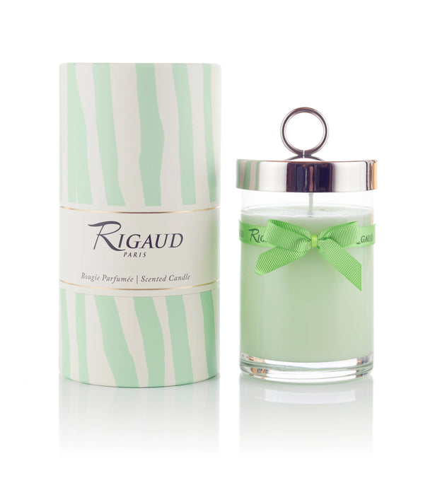 Rigaud Paris scented candle with green ribbon packaging on a white background
