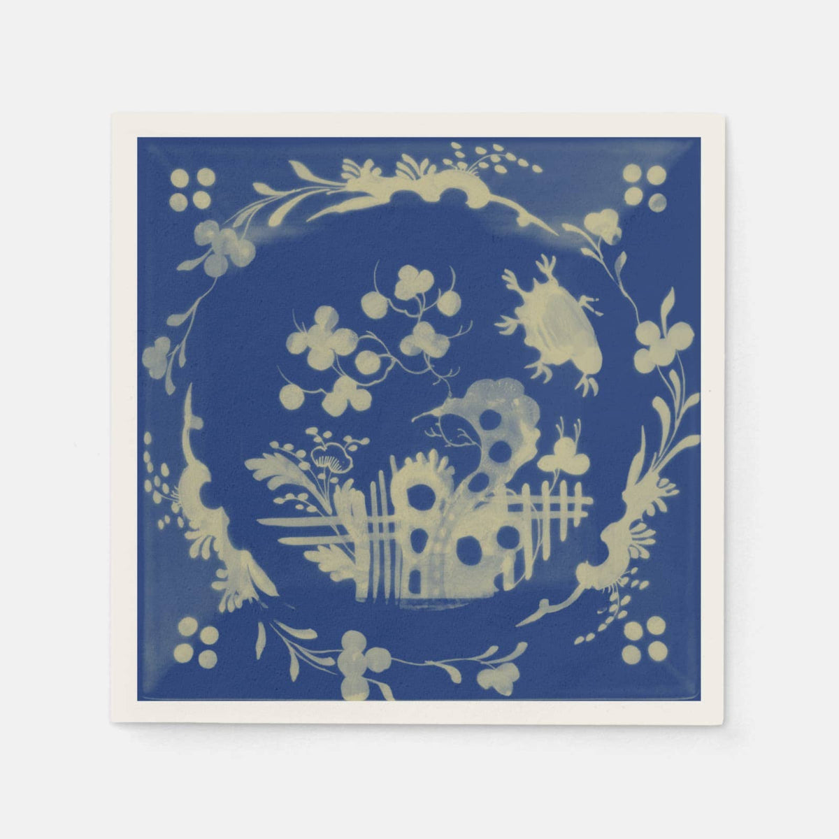Paper cocktail napkin in La Chinoiserie design in Cobalt blue on white background 