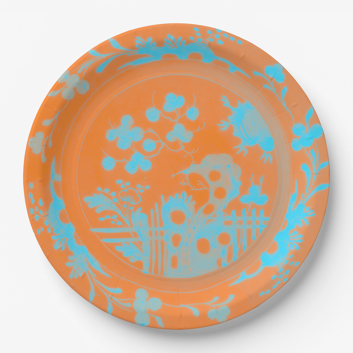 La Chinoiserie paper plate in orange and blue design on white background 