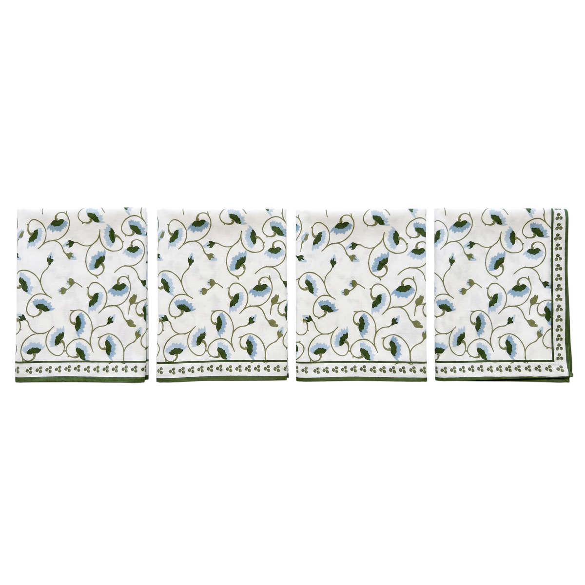 Homeport La Leccia blue and white hand screen-printed cotton napkins with floral motif and green border