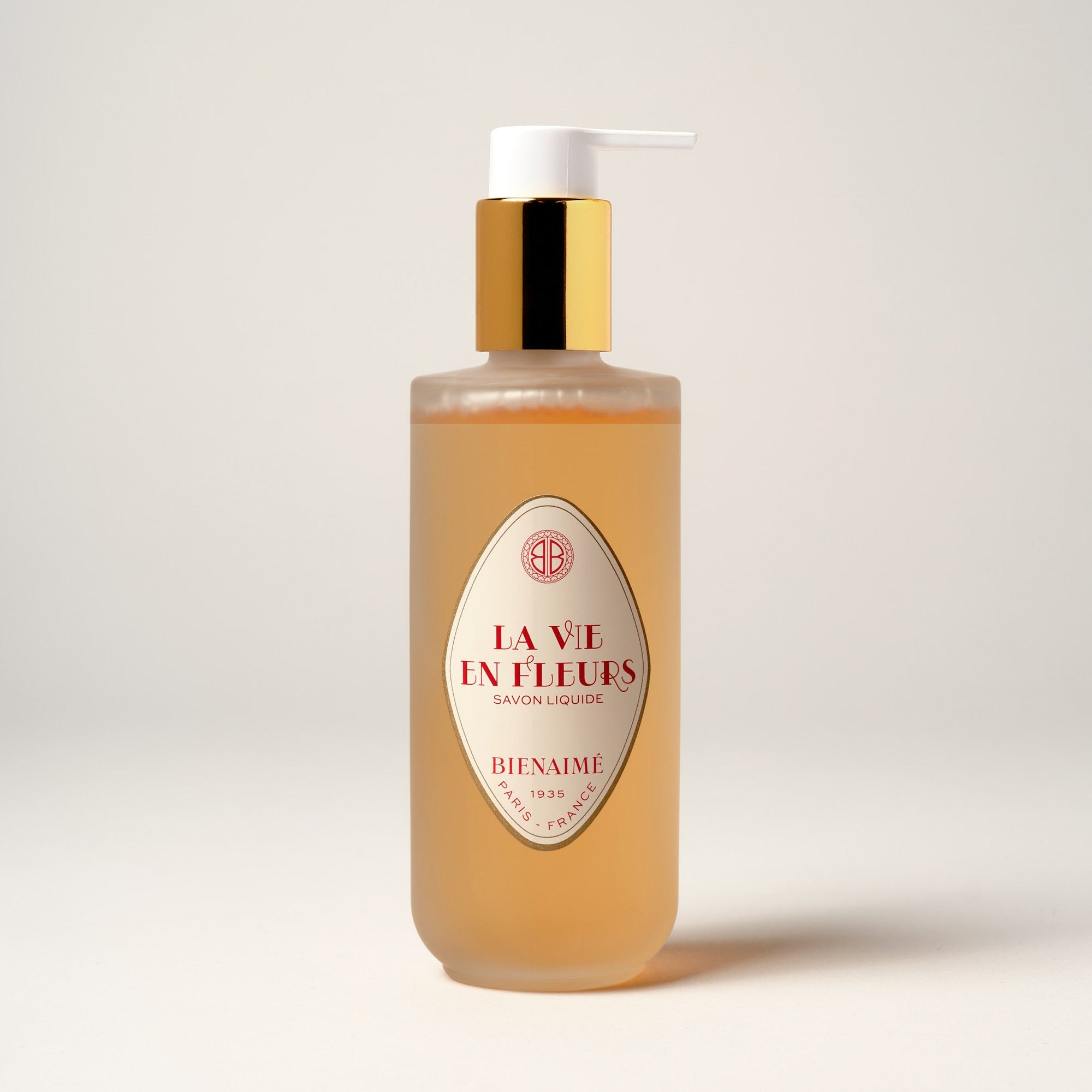 Bottle of liquid soap with a label on a plain background