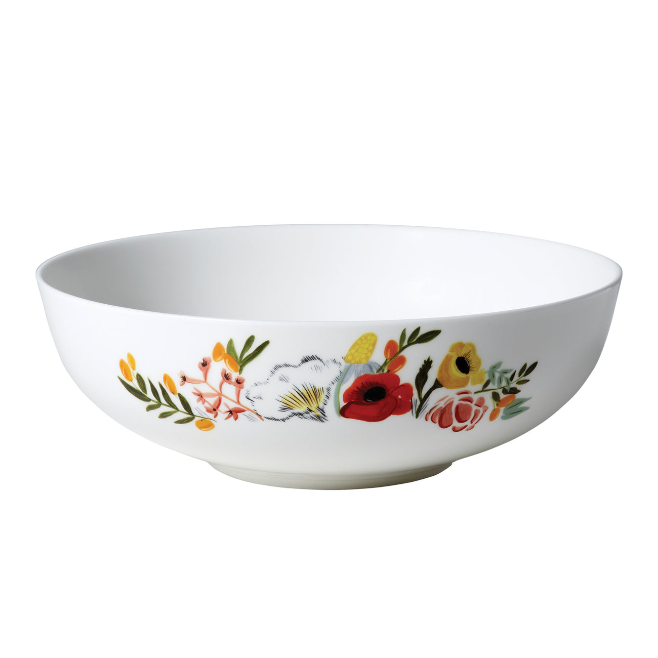 White serving bowl with floral design on white background