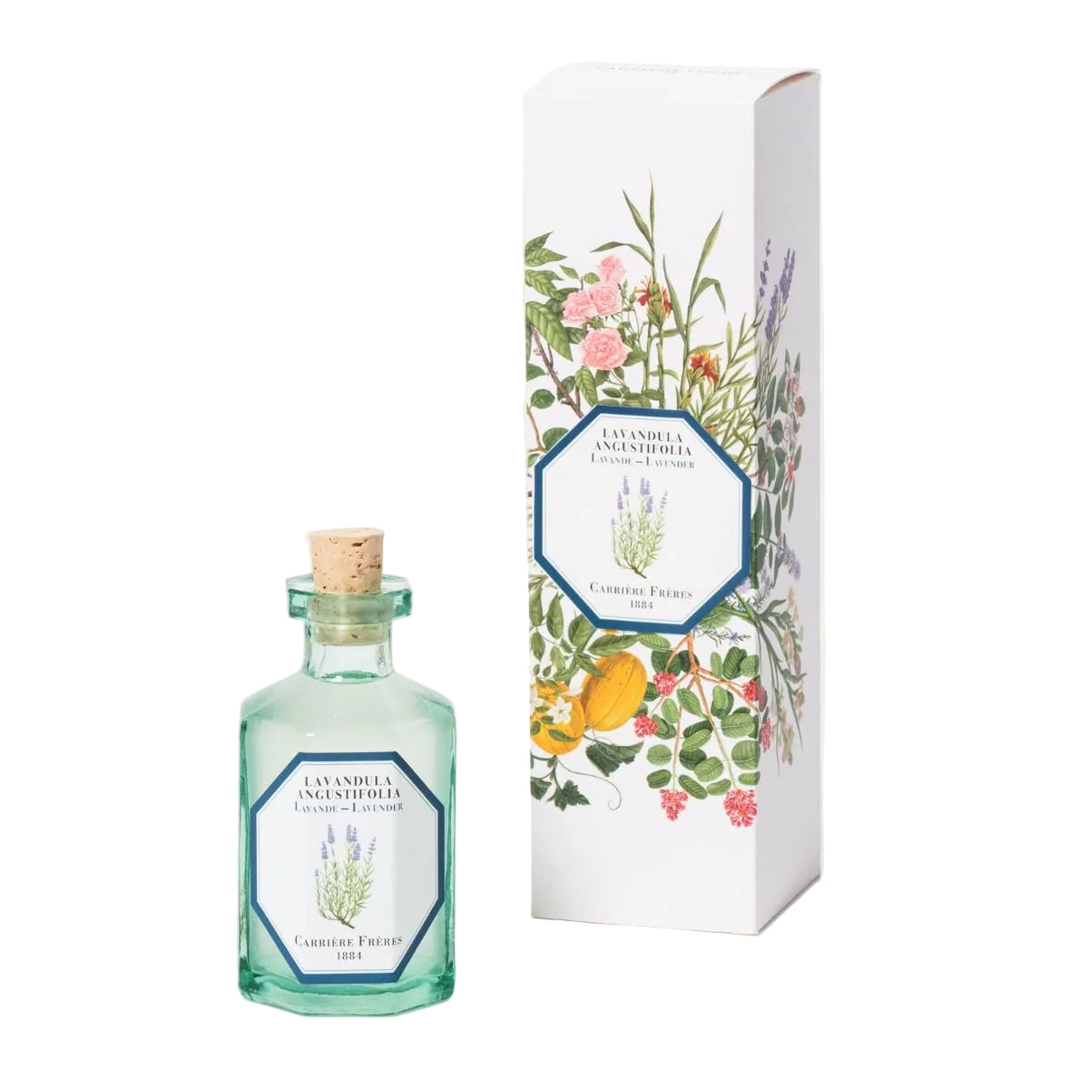 Lavender Diffuser with cork and floral packaging on a white background