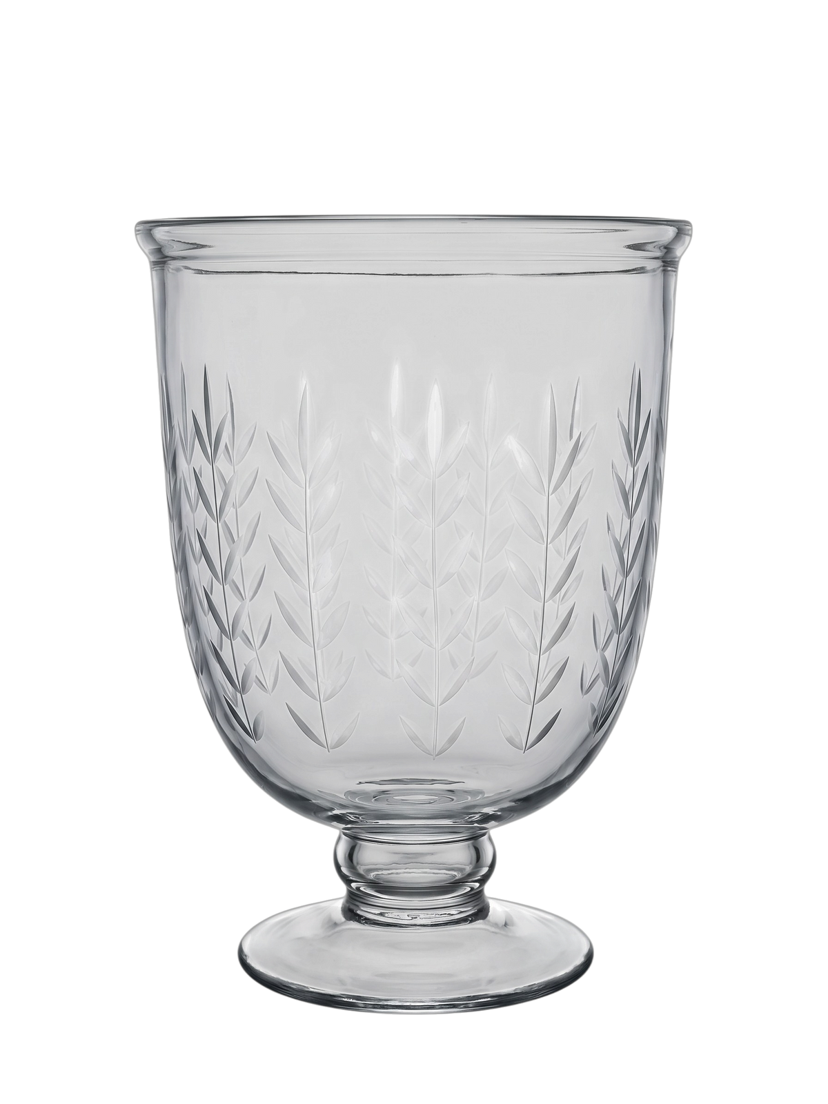 Clear glass pedestal cup with etched leaf patterns on the front, shown against a plain white background.
