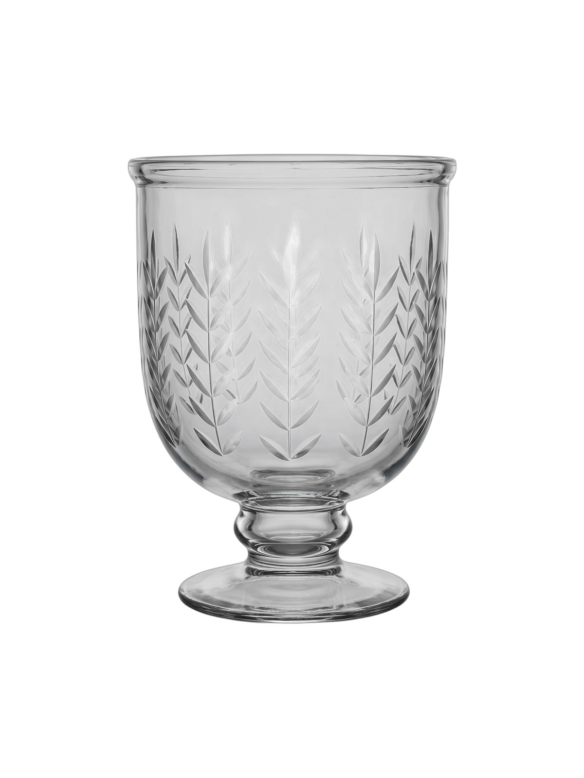Clear glass pedestal cup with etched leaf patterns on the bowl, shown against a plain white background.
