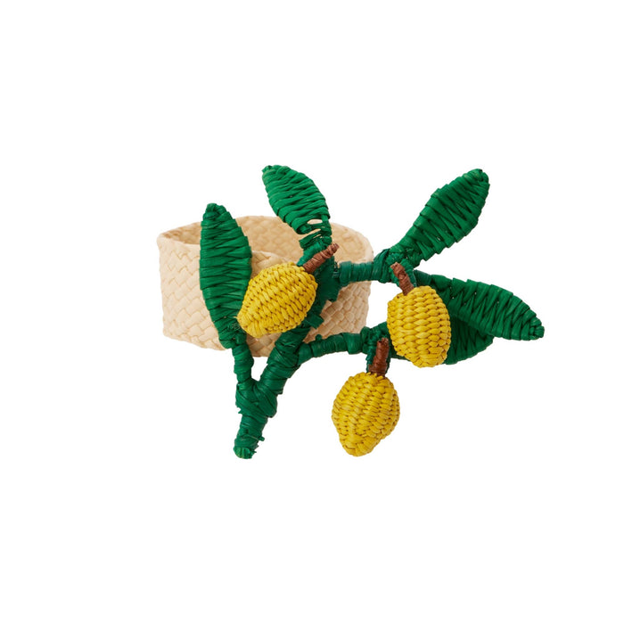 Woven napkin ring with green leaves and yellow fruits on a white background