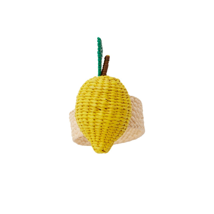 Crocheted lemon with a stem on a white background