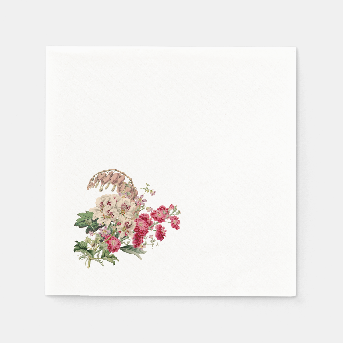 Paper cocktail napkin with Les Fleurs Azalea floral design on white background 