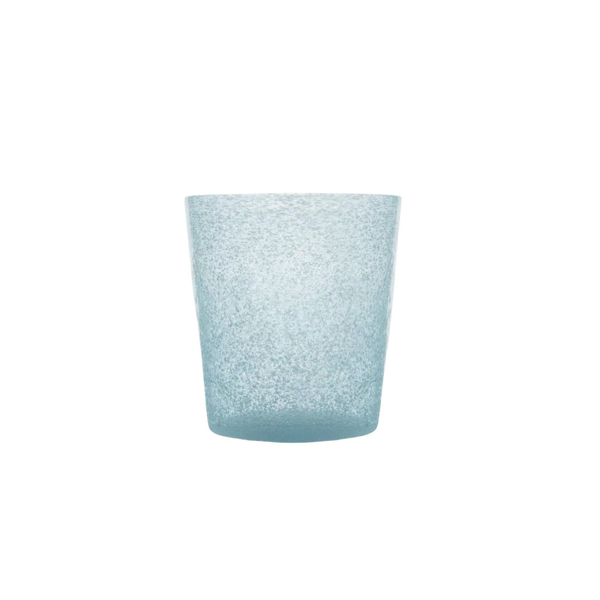 A light blue textured glass tumbler with a frosted, speckled finish, centered on a plain white background.