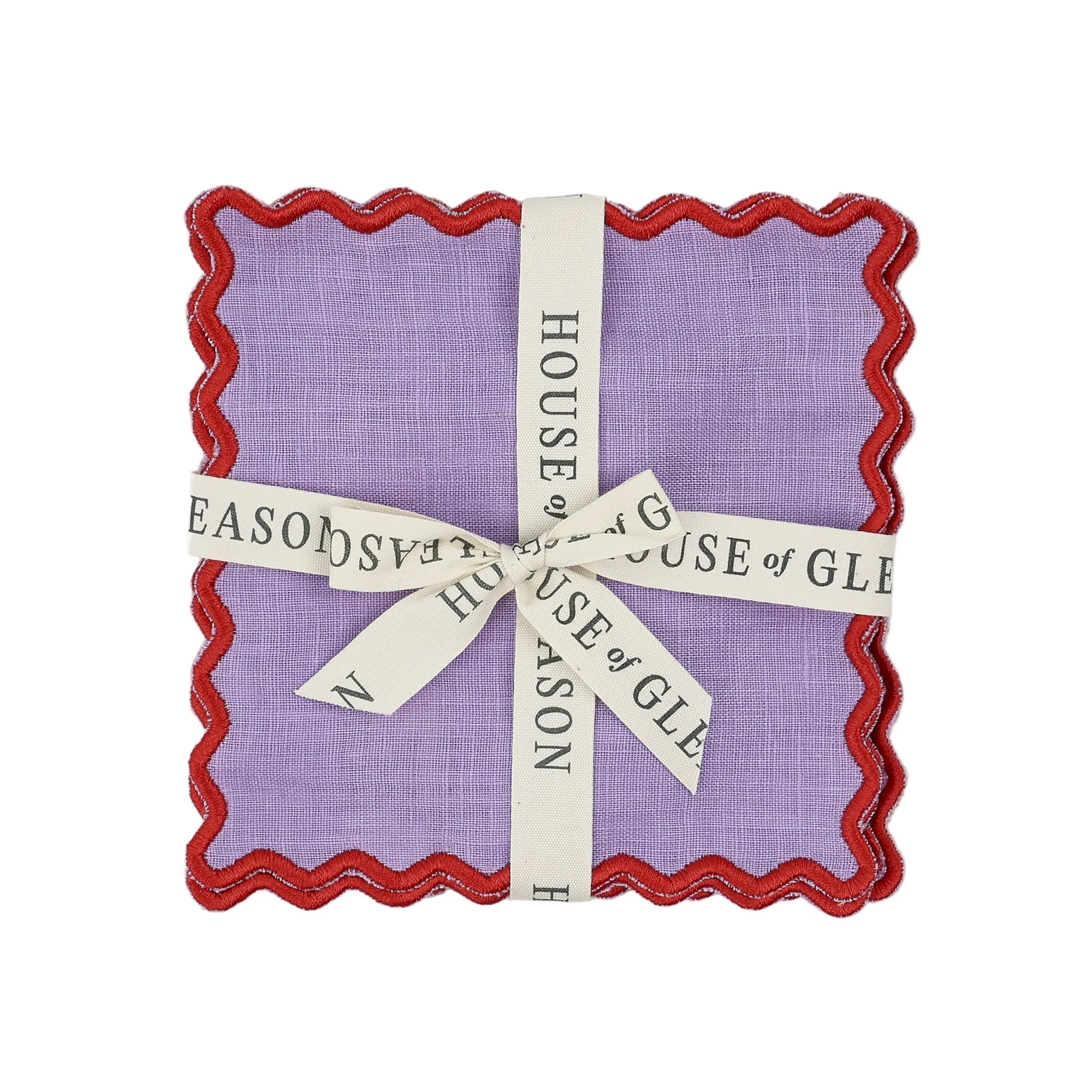 Purple fabric square with red trim and a white ribbon labeled 'House of Gleason' on a white background