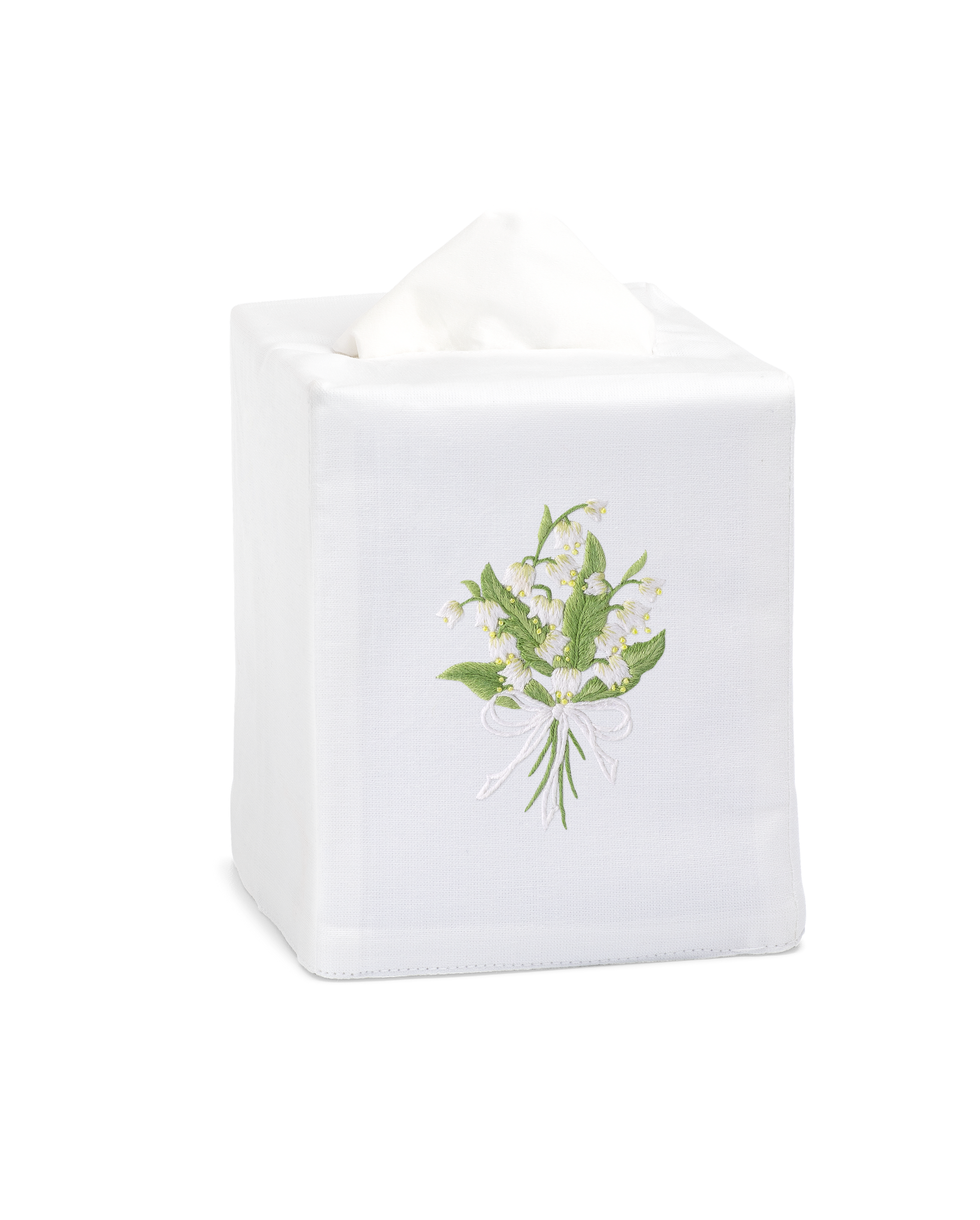 White tissue box cover with floral design on a white background