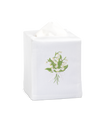 White tissue box cover with floral design on a white background