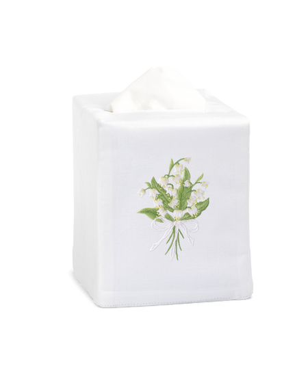 White tissue box cover with floral design on a white background