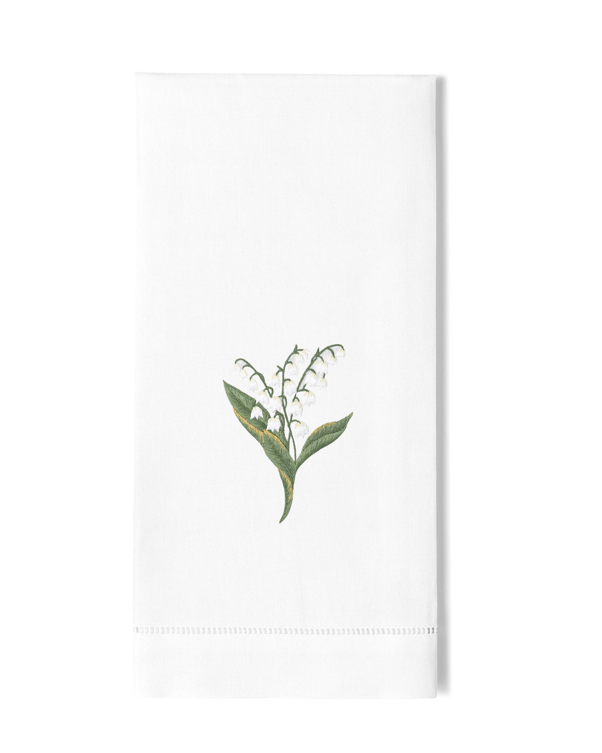 White tea towel with embroidered lily of the valley 