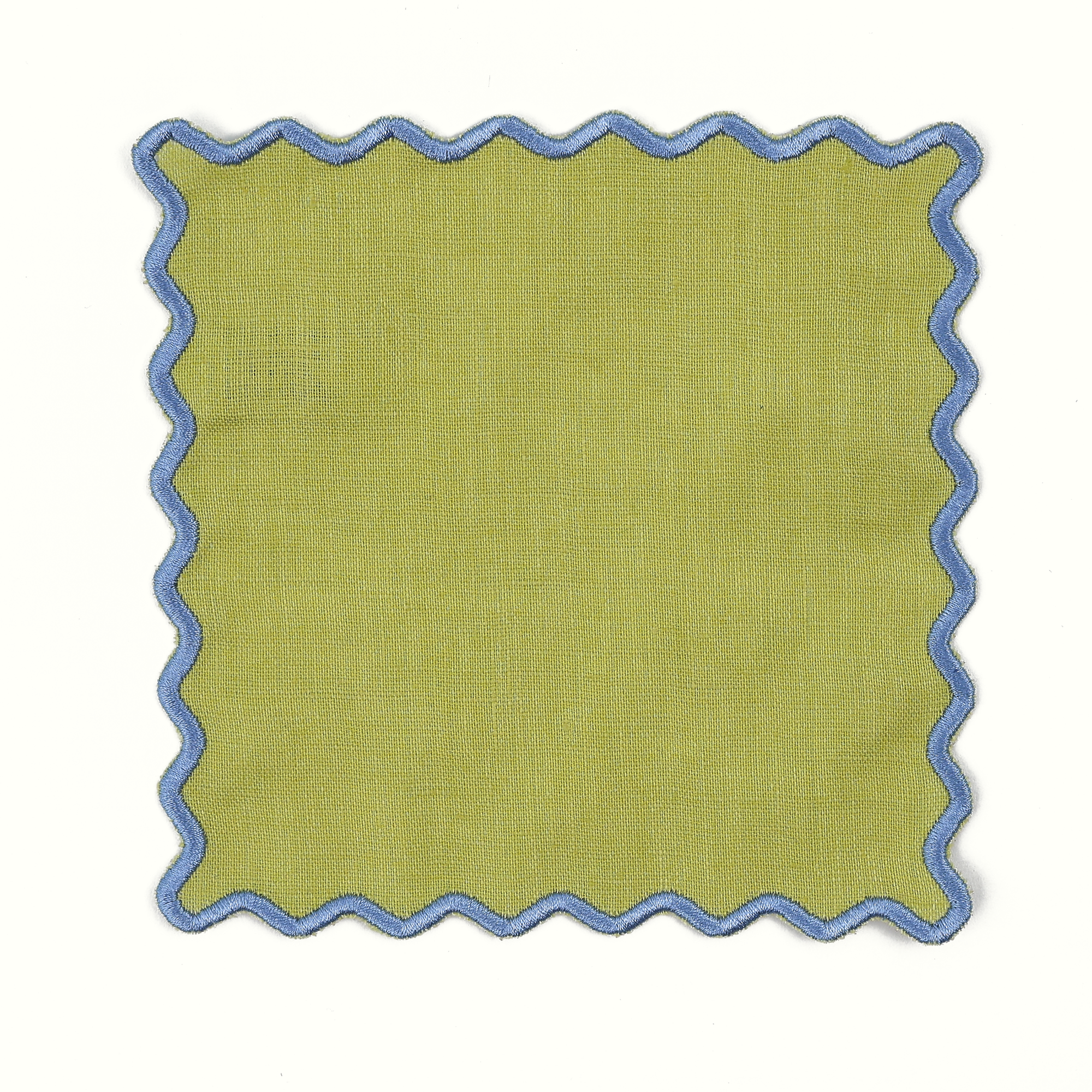 Limerick Square cocktail napkin with blue scalloped edge on white background 