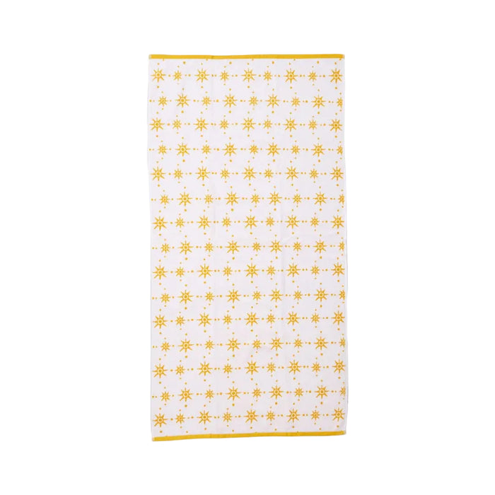 White towel with yellow geometric pattern on a white background