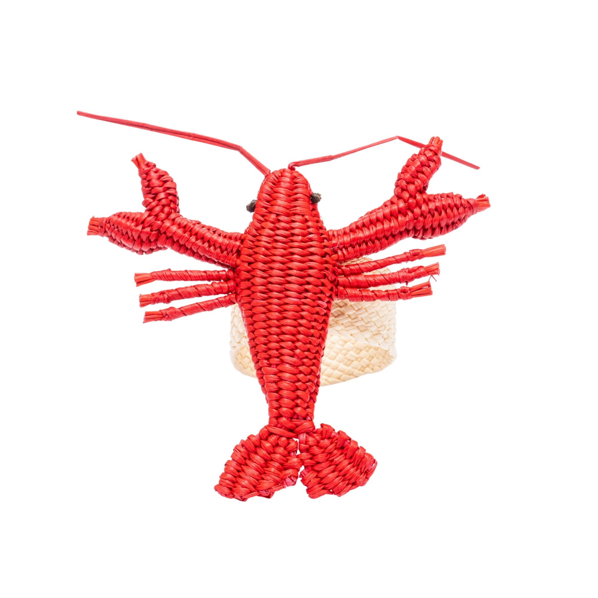 Lobster napkin ring made of natural fibers on white background