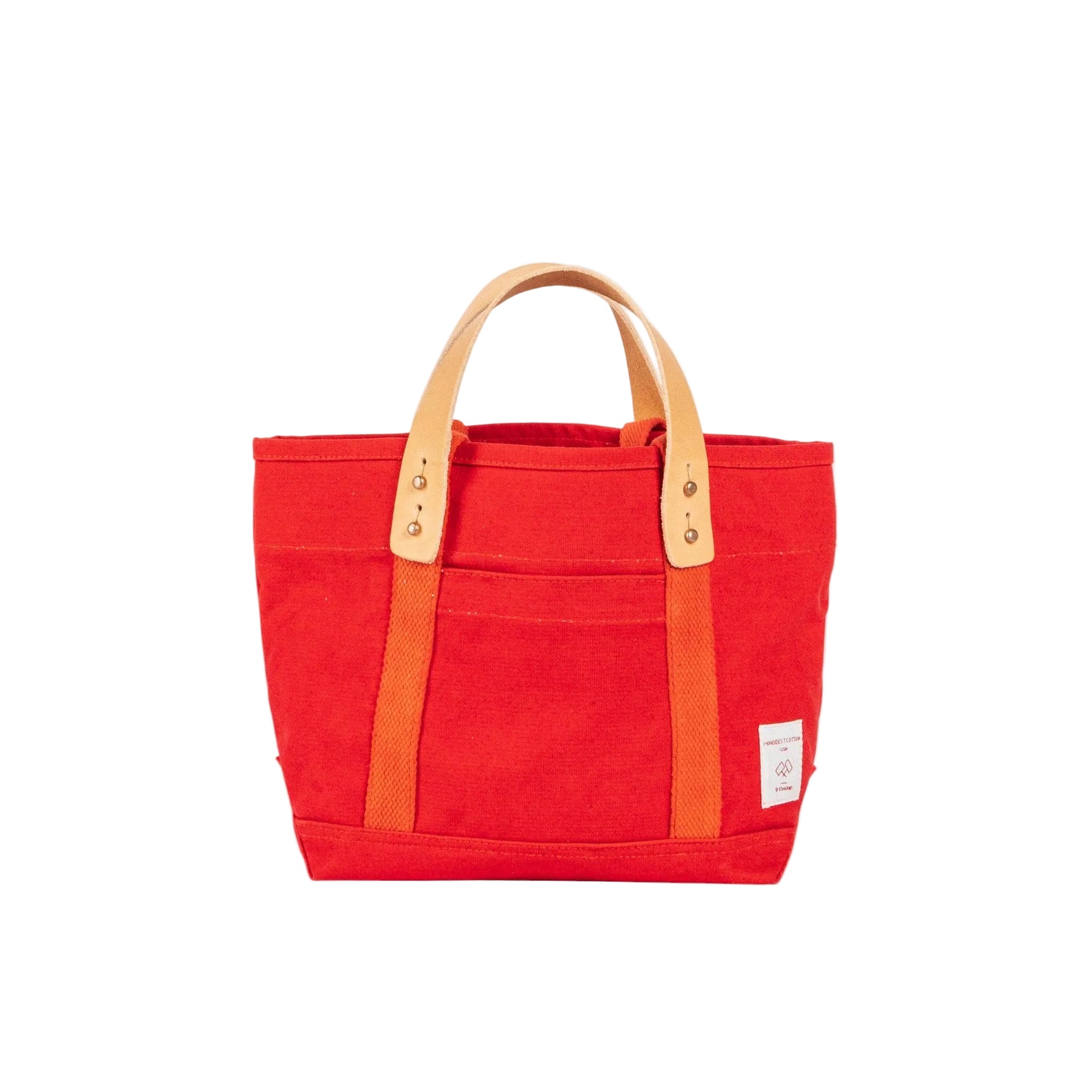 Red tote bag with orange straps on a white background