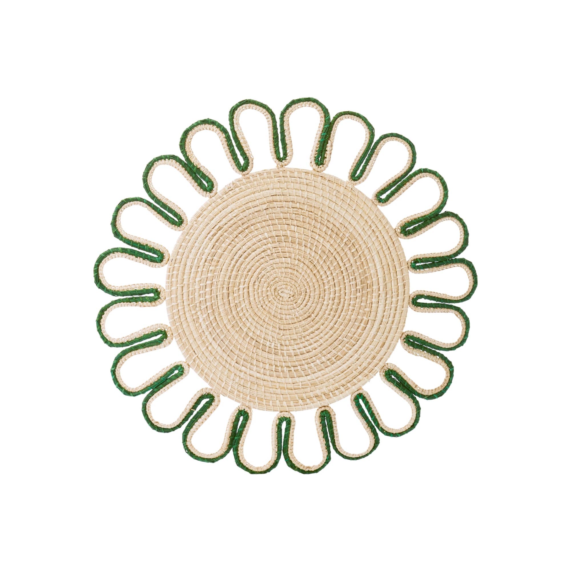 Round woven placemat with green rim on a white background