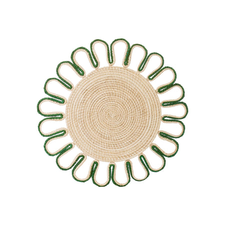 Round woven placemat with green rim on a white background