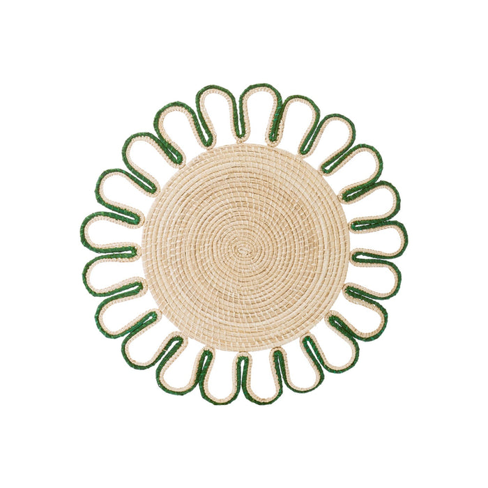Round woven placemat with green rim on a white background