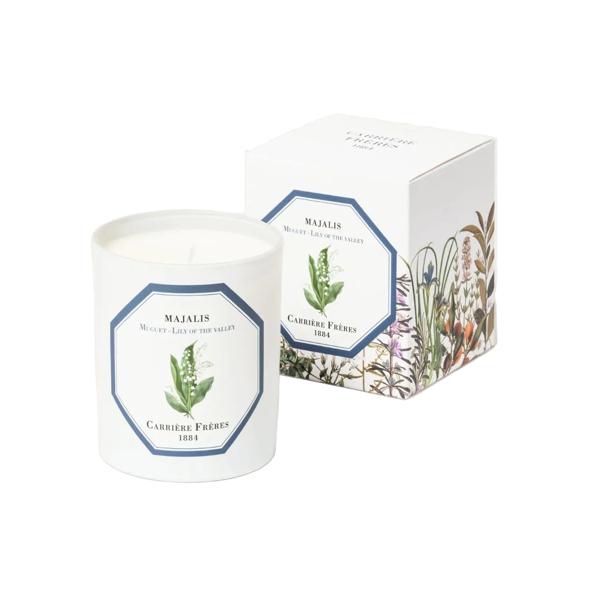 A white candle with a green floral design, labeled 'Lily of the Valley', accompanied by its packaging box featuring matching floral illustrations.